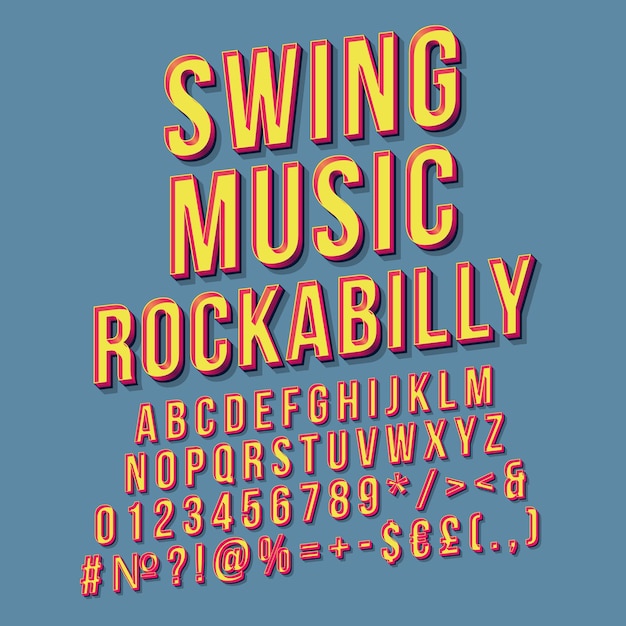 Swing música rockabilly vintage 3d vector letras