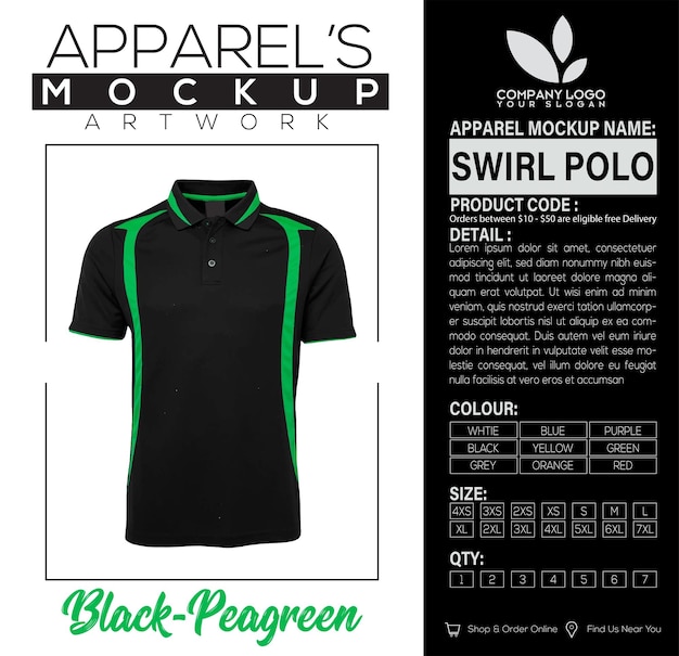 Swirl Polo BlackPeagreen Diseño de obras de arte de maquillaje de ropa