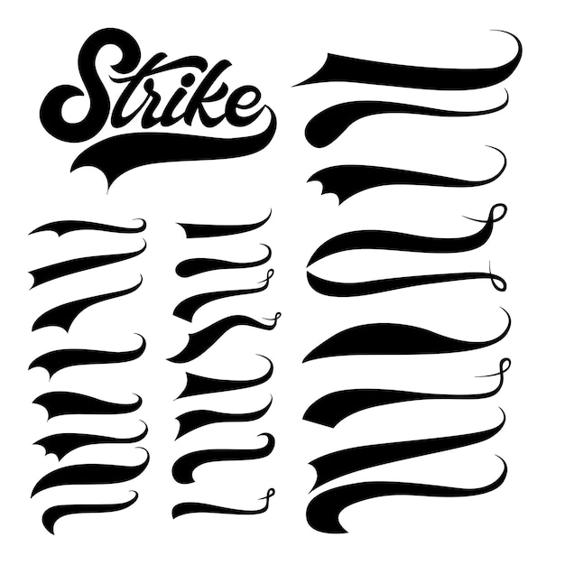 Vector swoosh y swash tipografía colas forma subrayar línea de onda swoop retro para camiseta atlética conjunto de trazos vectoriales