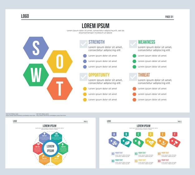 Swot, insignia, diapositiva de presentación de conjunto hexagonal y plantilla de powerpoint