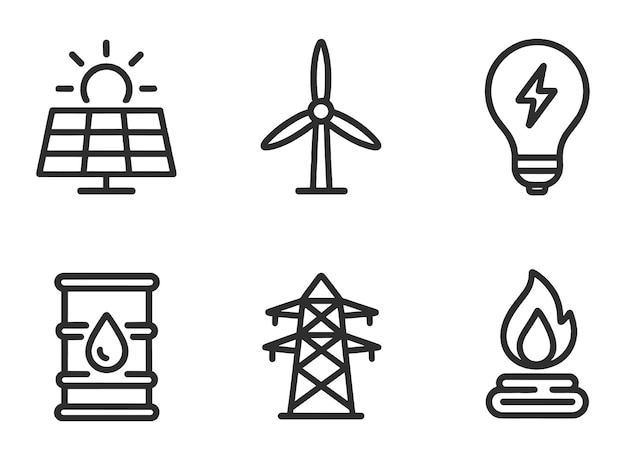 Symbols of renewable and nonrenewable energy sources including solar wind oil and electricity represented in a simple design
