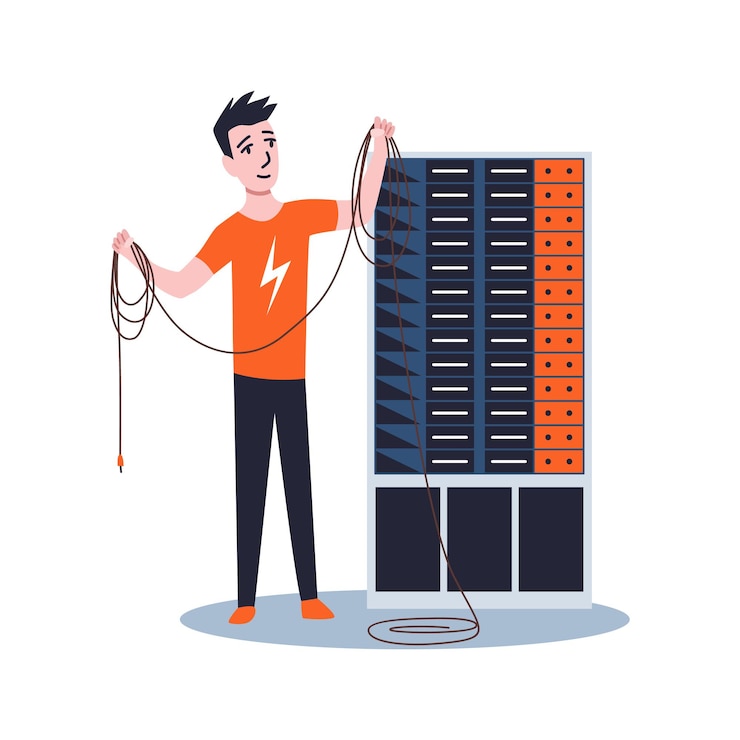 Vector sysadmin manteniendo o reparando el servidor. mantenimiento de obra, reparación y ajuste de conexión de red. ingeniero técnico trabaja en el mantenimiento del sistema.