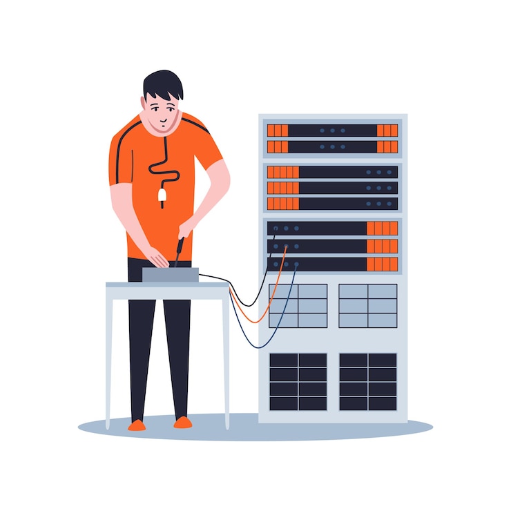 Vector sysadmin manteniendo o reparando el servidor. mantenimiento de obra, reparación y ajuste de conexión de red.