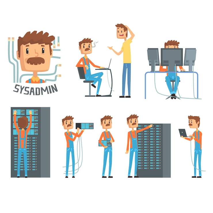 Vector sysadmin, personajes de ingeniero de red, conjunto de diagnósticos de red, soporte de usuarios y dibujos animados de mantenimiento del servidor ilustraciones