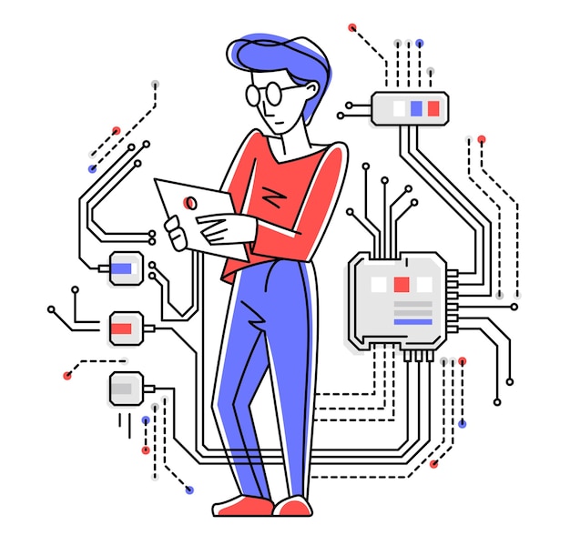 Sysadmin repairing hardware vector outline illustration system administrator computer engineer working with circuit boards motherboard and processor server pc technology