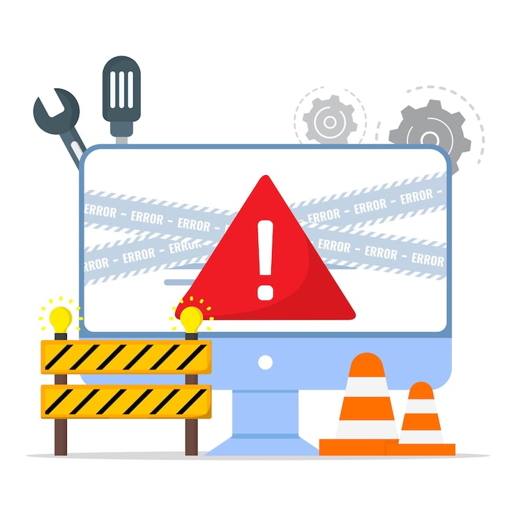 Vector system error alert computer screen displaying error message and warning sign