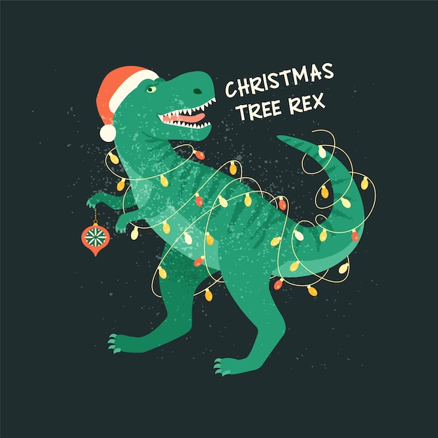 T-rex árbol de navidad con guirnalda de luces tarjeta.