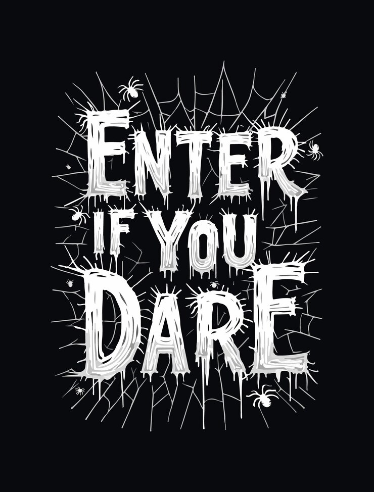 Vector t-shirt art de halloween entra si te atreves fuente goteante con telas de araña y arañas en respaldo negro