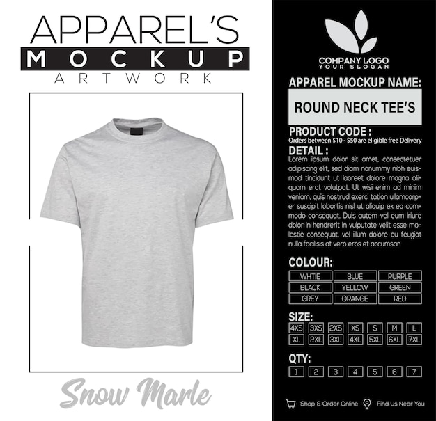 Vector t-shirt de cuello redondo para hombres marle de nieve ropa maqueta de arte