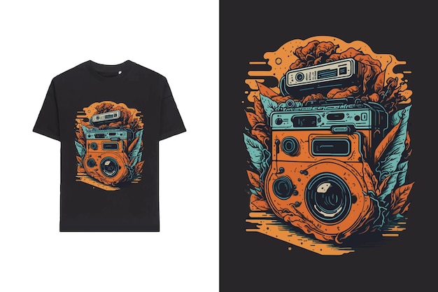 Vector t-shirt gráfico con una imagen nostálgica como un disco de vinilo de cinta de cassette o una cámara retro evoca
