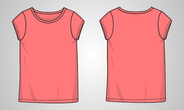 T shirt tops moda técnica dibujo plano vector Plantilla de color rojo para damas y niñas