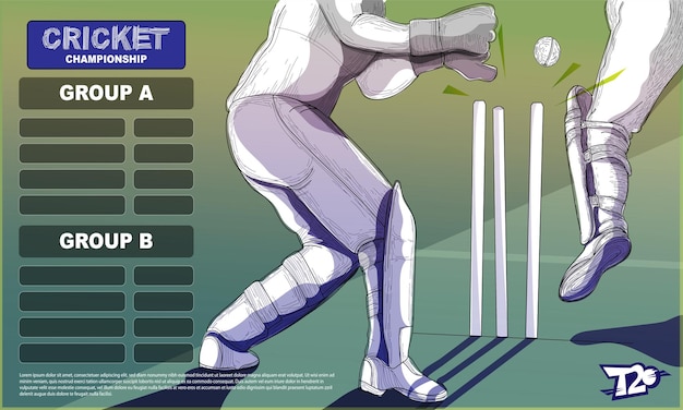 Vector t20 cricket championship group a & b lista y cerca de la ilustración de batsman player out.