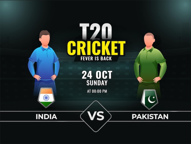 T20 Cricket Fever está de vuelta con los participantes de los jugadores del equipo de India vs Pakistán sobre fondo verde.