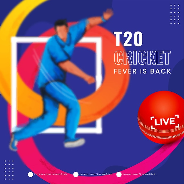 T20 cricket fever is back diseño de póster con jugador de bolos con efecto de desenfoque y movimiento de onda degradado sobre fondo azul.