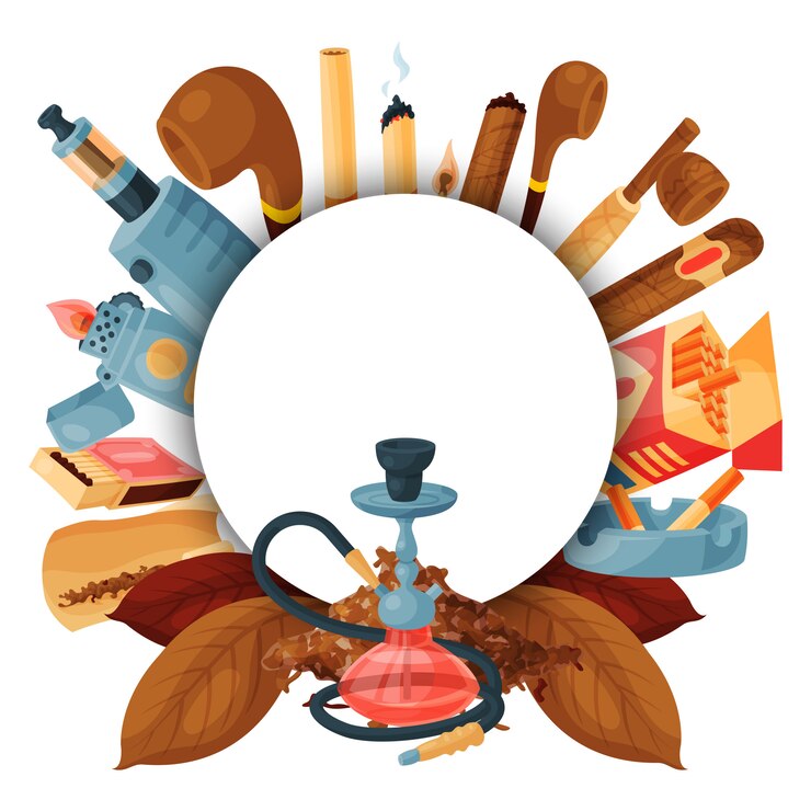 Vector tabaco, cigarro y narguile redondo. conjunto de cachimba, cigarrillos, hojas, pipas y fósforos. plantilla de banner redondo