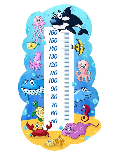 Tabla de altura para niños animales submarinos de dibujos animados