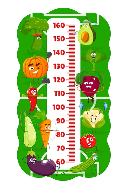 Vector tabla de altura para niños atletas vegetales de dibujos animados