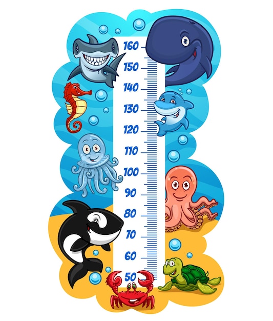 Tabla de altura para niños con divertidos animales marinos lindos. Regla de medidor de crecimiento vectorial con escala de medida y ballena de dibujos animados, pulpo, cangrejo y tortuga marina, delfín, orca, caballito de mar y medusa
