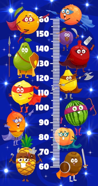 Vector tabla de altura para niños con frutas de superhéroes de dibujos animados