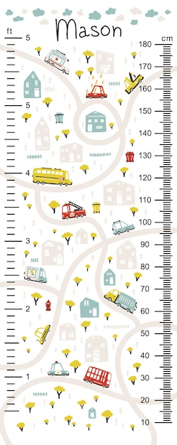 Vector tabla de altura para niños con mapas de carreteras y coches.