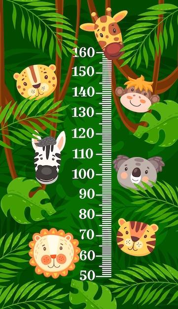 Tabla de altura para niños medida de crecimiento de animales de dibujos animados africanos y tropicales. Medidor de etiqueta de pared vectorial para la medición de la altura de los niños, linda cebra, jirafa, león y leopardo con personajes de mono y tigre