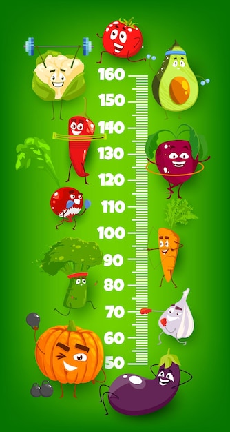 Tabla de altura para niños medidor de crecimiento de atletas vegetales de dibujos animados regla de estadiómetro vectorial con zanahoria vegetariana divertida y remolacha berenjena y aguacate tomate y rábano ajo etiqueta de la pared para medir la altura