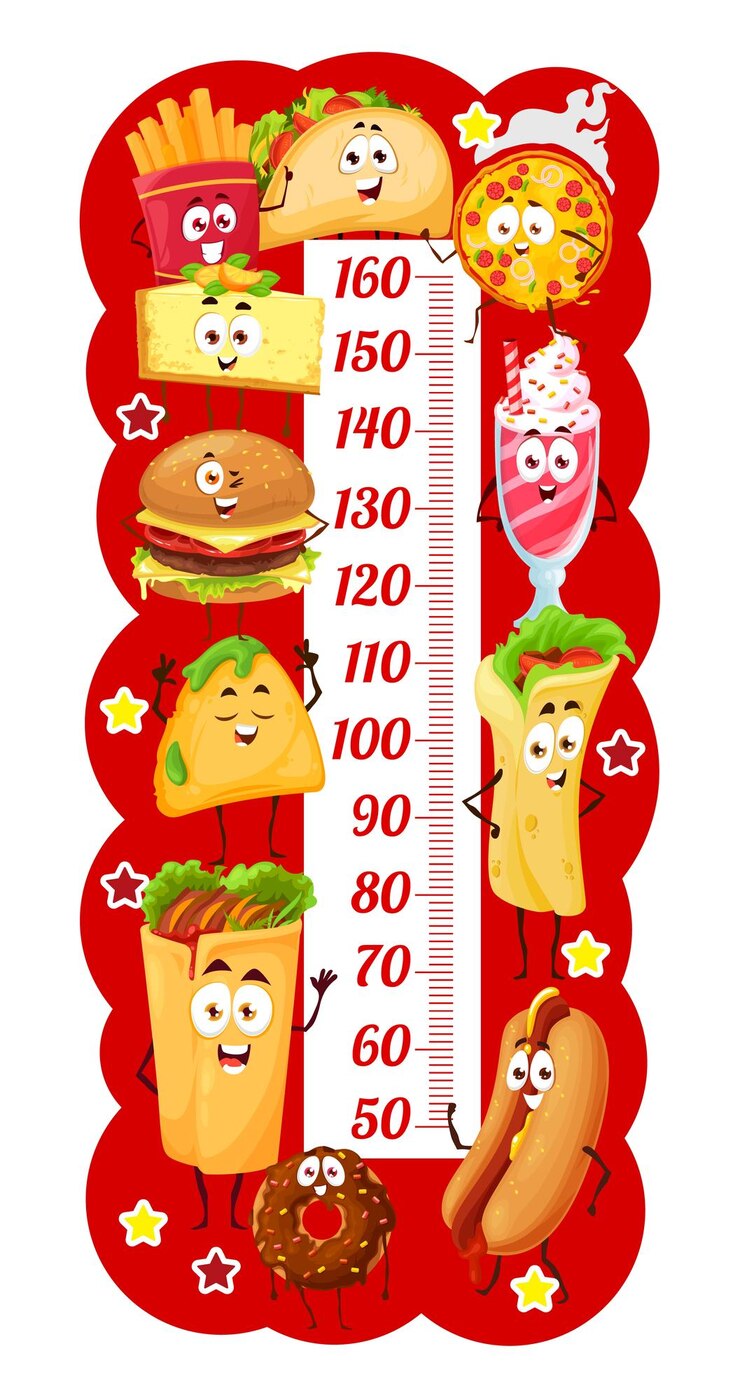 Vector tabla de altura de niños de personajes de comida rápida de dibujos animados