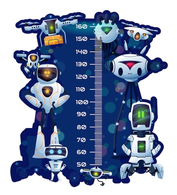 Tabla de altura para niños con robots y droides, fondo de dibujos animados de medidor de crecimiento vectorial. Tabla de altura para niños o pegatina de pared con escala de regla de medida de bebé con robots espaciales android, chatbots y drones tecnológicos