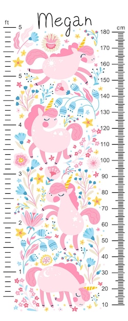 Vector tabla de altura para niños con unicornios en flores.