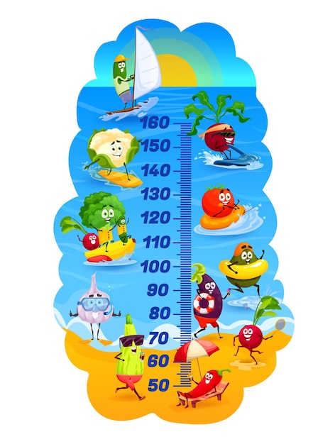 Tabla de altura para niños, verduras en vacaciones, medidor de crecimiento de dibujos animados vectoriales. tabla de altura para niños o escala de medición con verduras en la playa del mar de verano, tomate lindo divertido, brócoli y aguacate en la tabla de surf