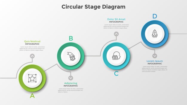 Tabla ascendente con 4 elementos redondos de papel blanco. Digram de etapa circular. Plantilla de diseño de infografía moderna. Ilustración vectorial para el crecimiento empresarial y la visualización del desarrollo progresivo.