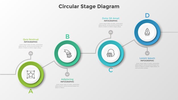 Tabla ascendente con 4 elementos redondos de papel blanco. digram de etapa circular. plantilla de diseño de infografía moderna. ilustración vectorial para el crecimiento empresarial y la visualización del desarrollo progresivo.