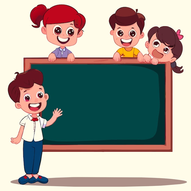 Tabla de aula de regreso a la escuela niños preescolares dibujados a mano plano elegante mascota personaje de dibujos animados