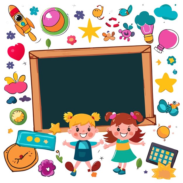 Vector tabla de aula de regreso a la escuela niños preescolares dibujados a mano plano elegante mascota personaje de dibujos animados