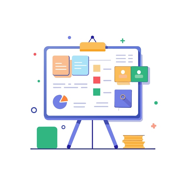 Tabla blanca interactiva con diagramas y notas de ilustración vectorial