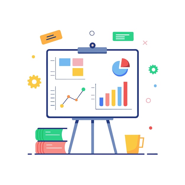 Tabla blanca interactiva con diagramas y notas de ilustración vectorial