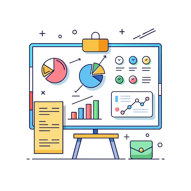 Tabla blanca interactiva con diagramas y notas de ilustración vectorial