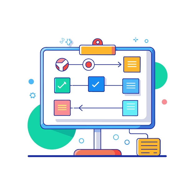 Tabla blanca interactiva con diagramas y notas de ilustración vectorial