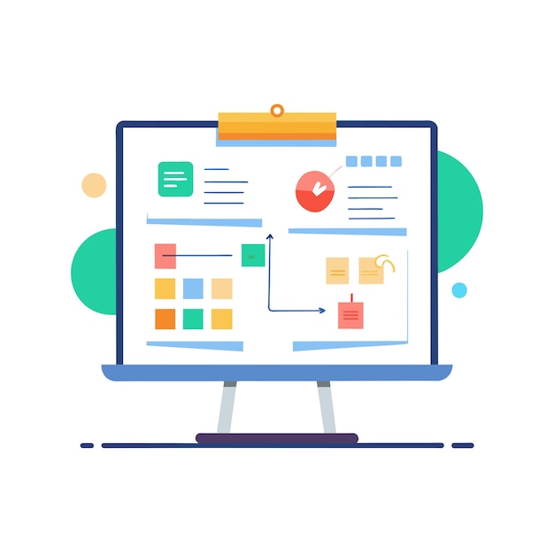 Tabla blanca interactiva con diagramas y notas de ilustración vectorial