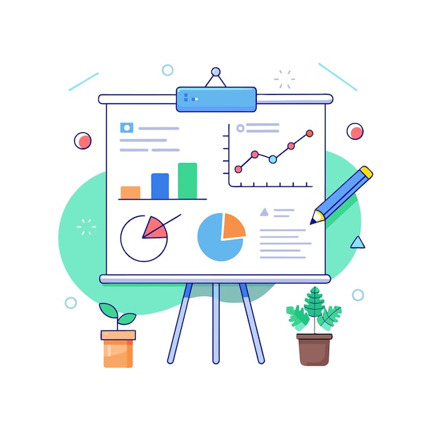 Tabla blanca interactiva con diagramas y notas de ilustración vectorial