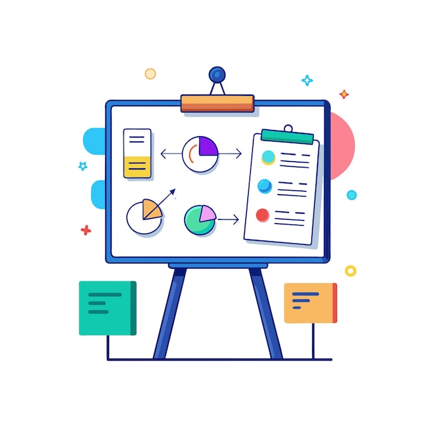 Tabla blanca interactiva con diagramas y notas de ilustración vectorial