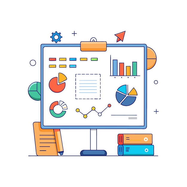Tabla blanca interactiva con diagramas y notas de ilustración vectorial