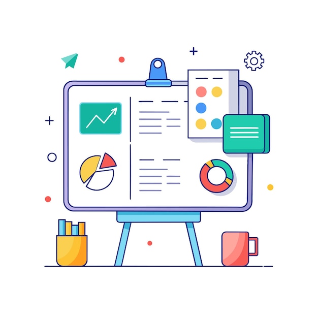 Tabla blanca interactiva con diagramas y notas de ilustración vectorial