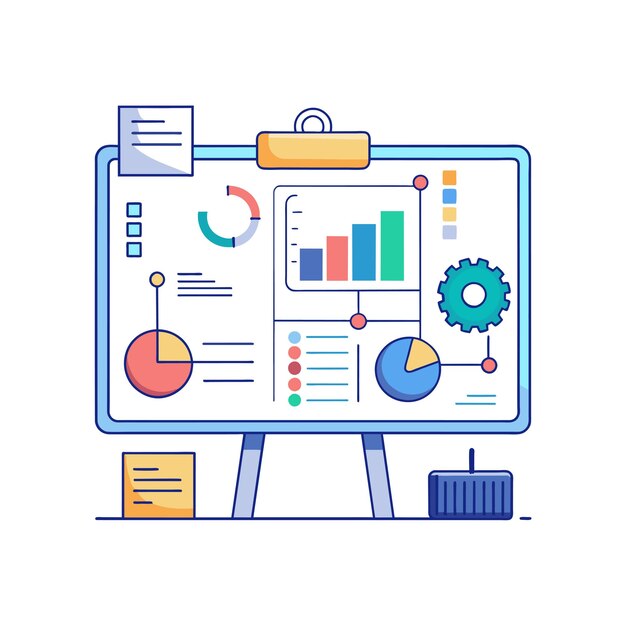Tabla blanca interactiva con diagramas y notas de ilustración vectorial