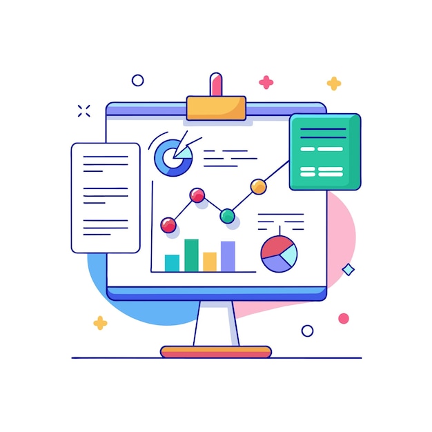 Tabla blanca interactiva con diagramas y notas de ilustración vectorial
