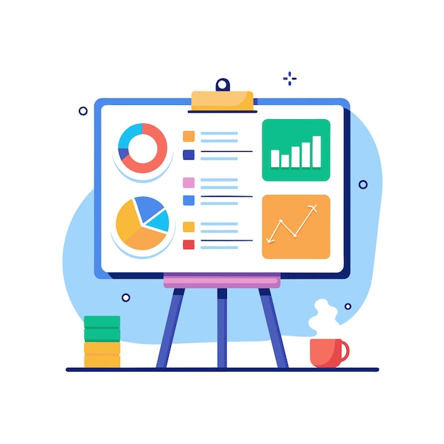 Tabla blanca interactiva con diagramas y notas de ilustración vectorial