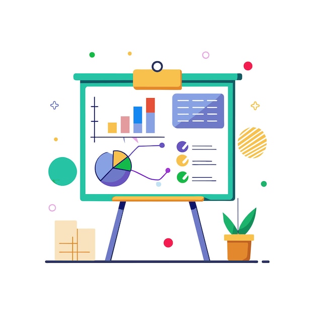 Tabla blanca interactiva con diagramas y notas de ilustración vectorial