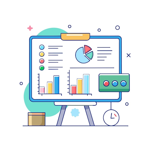 Tabla blanca interactiva con diagramas y notas de ilustración vectorial
