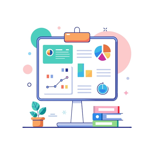 Tabla blanca interactiva con diagramas y notas de ilustración vectorial