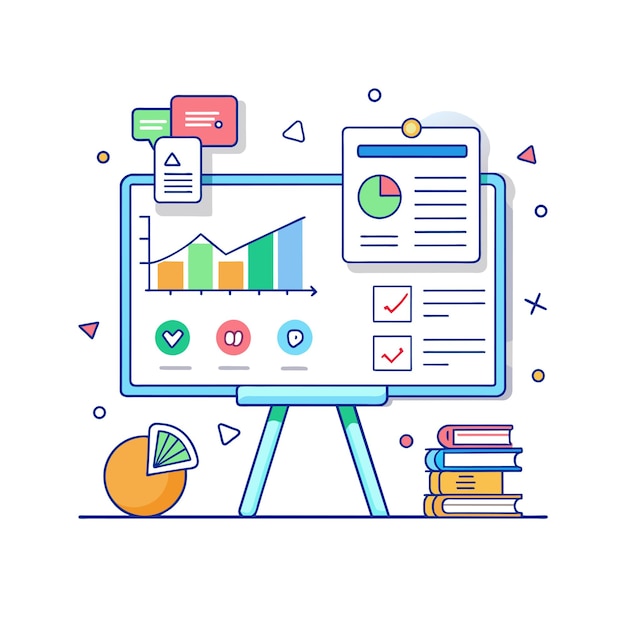 Tabla blanca interactiva con diagramas y notas de ilustración vectorial
